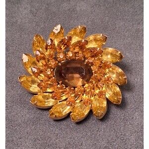 Kramer Topaz Rhinestone Brooch Layered Citrine Flower